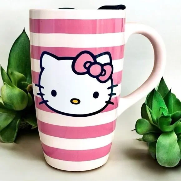 NWT Gorgeous Hello Kitty Pink Striped Glossy Ceramic Tall Travel Mug with lid - Picture 12 of 16